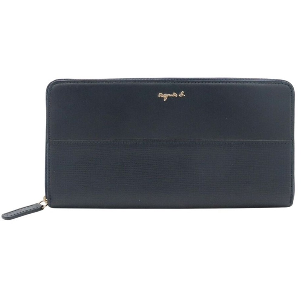 Agnis B Voyage Wallet Navy Blue Leather Zip Around Textured Inner Divider